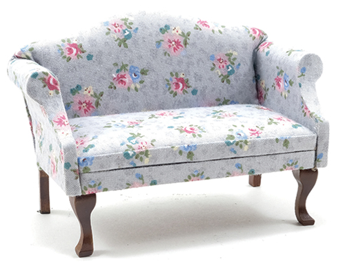 Sofa, Walnut with Gray Floral Fabric